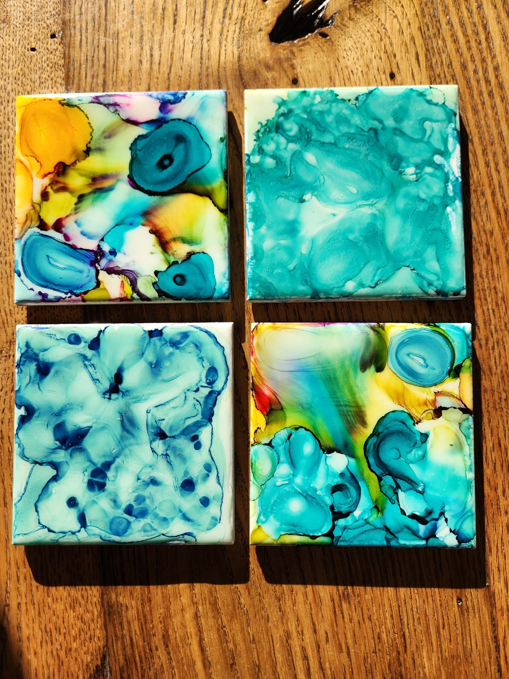 4 Ceramic Tile Coasters Abstract Resin Home Art Teal & Multicolor - Set of 4